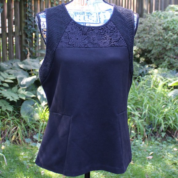 J. Crew Black Lace Detail Sleeveless Peplum Blouse Shell Large - Picture 1 of 7